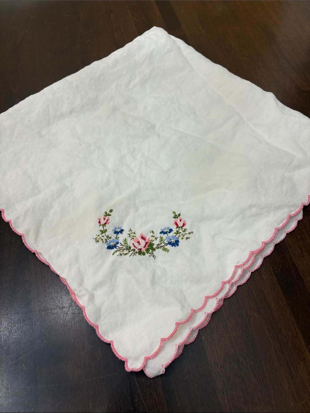 Vintage White Embroidered Linen Tablecloth with Pink Scalloped Edge